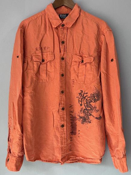 Polo Ralph Lauren Linen Silk Dragon Asian Graphics Button Up